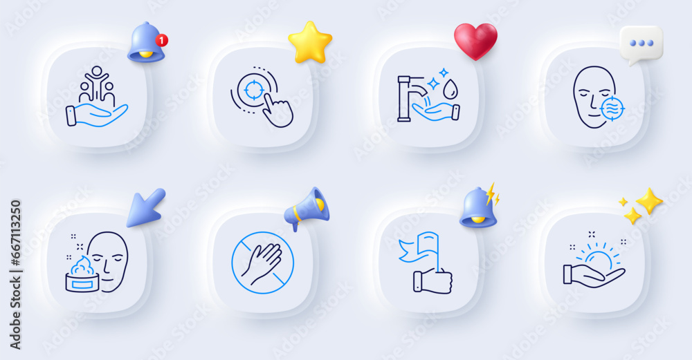 Face cream, Leadership and Sunny weather line icons. Buttons with 3d bell, chat speech, cursor. Pack of Washing hands, Seo target, Inclusion icon. Dont touch, Problem skin pictogram. Vector Face cream, Leadership and Sunny weather line icons. Buttons with 3d bell, chat speech, cursor. Pack of Washing hands, Seo target, Inclusion icon. Dont touch, Problem skin pictogram. Vector