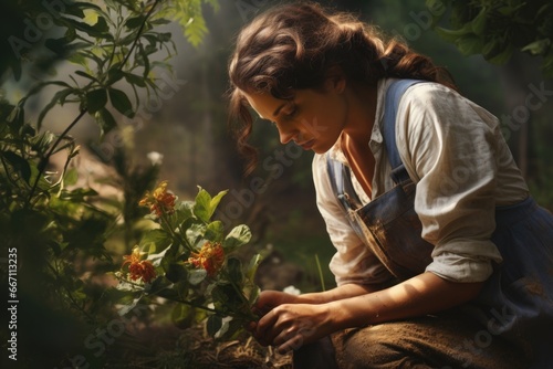 A woman is kneeling down in a garden  carefully picking flowers. This image can be used to depict gardening  nature  or the joy of outdoor activities