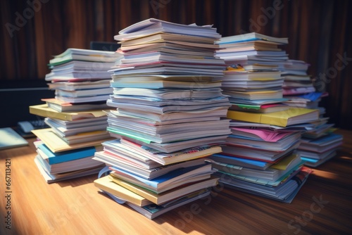 A pile of books sitting on top of a wooden table. Can be used to represent education, reading, or studying