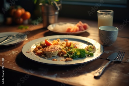 A plate of delicious food is placed on top of a wooden table. This image can be used to showcase a variety of cuisines or to highlight the concept of a well-prepared meal