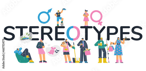 Gender stereotypes vector concept with female and male gender symbols, men and women have different social roles photo
