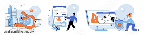 Industrial cyber security. Vector illustration. Hacking poses significant threat to security industrial systems Effective security strategies help safeguard businesses from cyber threats Reports
