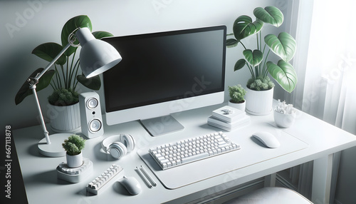 A photo of a pristine white-themed desk setup. The desk is made of white wood, and on it sits a modern computer with a white bezel