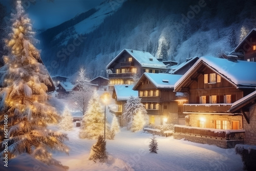 Alpine village in the mountains in winter, Christmas trees, light in the windows of chalet houses. Christmas holiday background © NadinMich