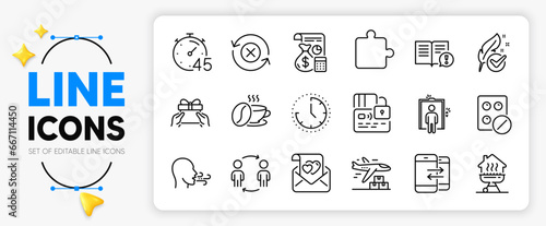 Medical tablet, Puzzle and Elevator line icons set for app include Time, Love letter, Coffee cup outline thin icon. Hypoallergenic tested, Card, Facts pictogram icon. Timer, Home grill. Vector