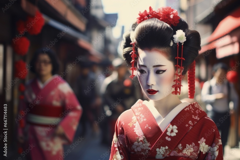 A woman dressed in a kimono walking down a street. Suitable for travel, cultural, and fashion-related projects