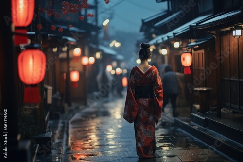 A woman dressed in a traditional kimono walking down a street. This image can be used to depict Japanese culture or for travel-related content