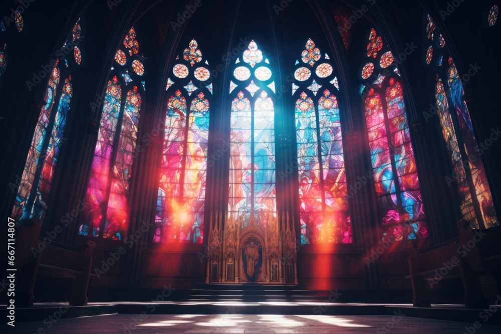 A picture showcasing a church with numerous stained glass windows. This image can be used to depict religious architecture or to create an atmosphere of serenity and spirituality