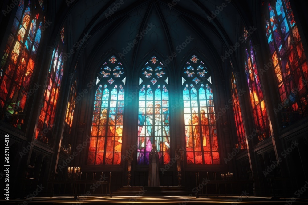 A person standing in front of a beautiful stained glass window. Perfect for religious or architectural concepts