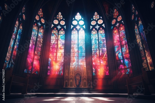 A picture showcasing a church with numerous stained glass windows. This image can be used to depict religious architecture or to create an atmosphere of serenity and spirituality