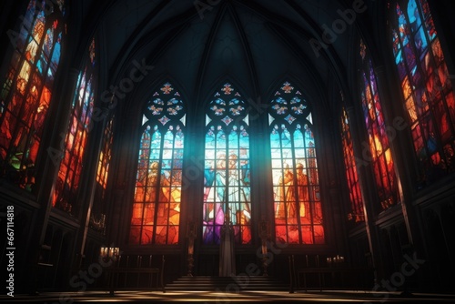 A person standing in front of a beautiful stained glass window. Perfect for religious or architectural concepts