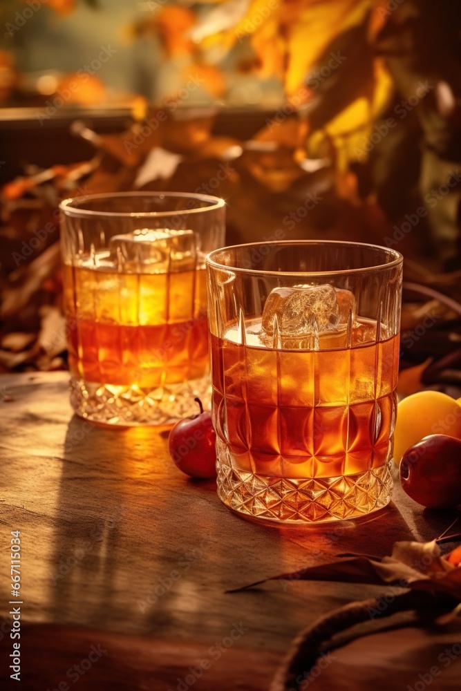 Fototapeta premium Whiskey Glasses with Ice and Fruit Background