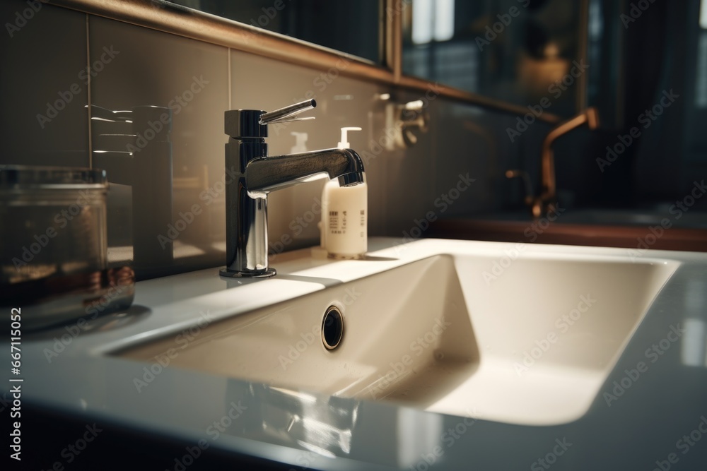 Fototapeta premium A bathroom sink with a convenient soap dispenser next to it. Perfect for use in home improvement projects or bathroom product advertisements