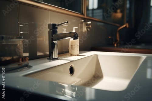 A bathroom sink with a convenient soap dispenser next to it. Perfect for use in home improvement projects or bathroom product advertisements photo
