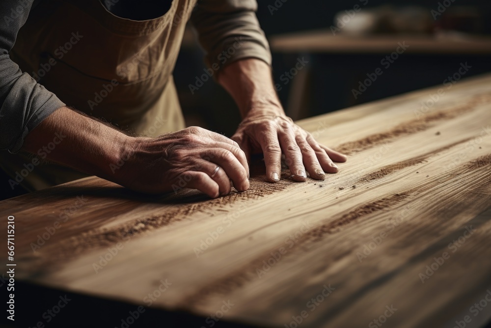 A detailed close-up image of a person's hands resting on a wooden table. This versatile picture can be used to depict concepts such as work, creativity, craftsmanship, relaxation, and more