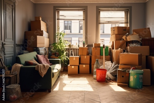 A cluttered living room filled with boxes and furniture. Perfect for illustrating moving, relocation, or storage concepts photo
