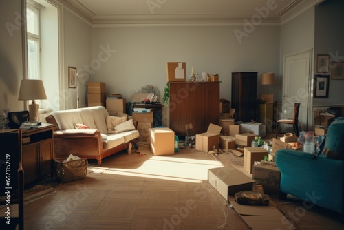 A cluttered living room filled with boxes and furniture. Perfect for illustrating moving, organizing, or decluttering concepts photo