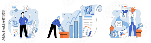 Business development. Vector illustration. Collaboration within diverse groups people fosters innovation Finance professionals analyze market trends and assess risks Banking transactions