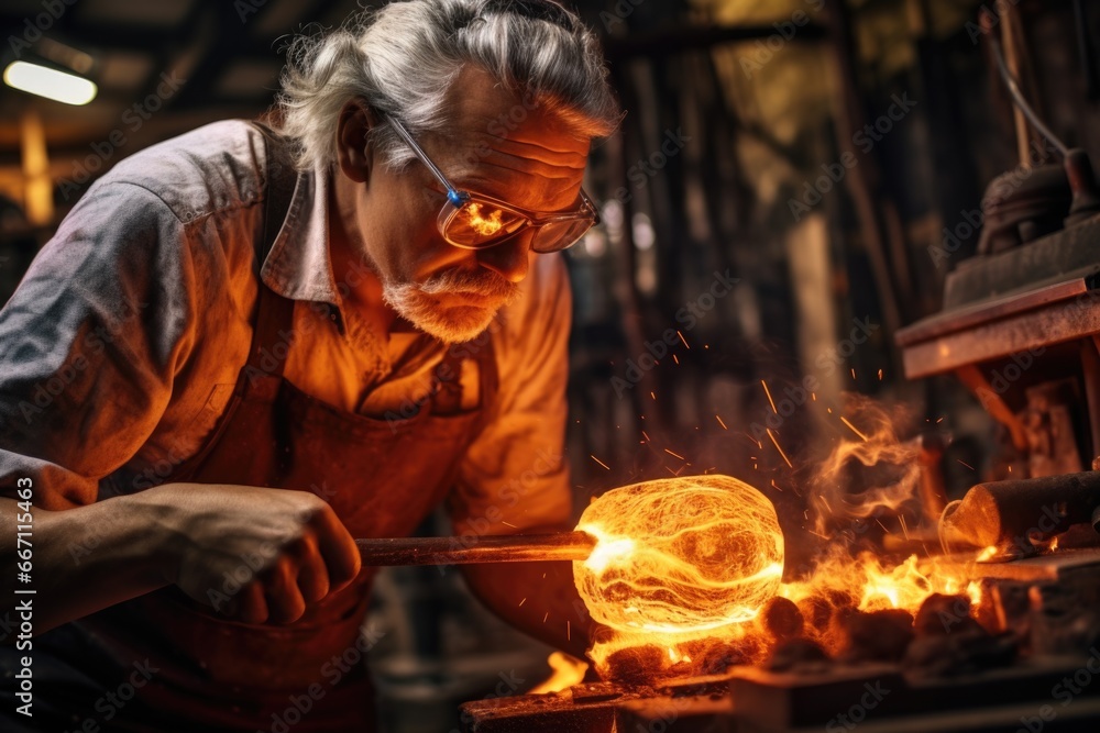 A man is seen working on a piece of metal. This image can be used to depict craftsmanship, manufacturing, or metalworking.