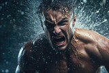 A man standing with his mouth open, experiencing the rain. This image can be used to depict surprise, joy, or the feeling of being refreshed in the rain