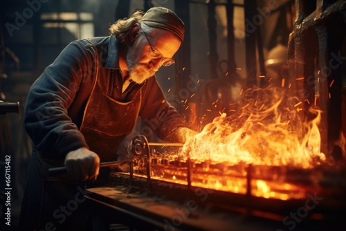 A man is seen diligently working on a metal object. This image can be used to depict craftsmanship, manufacturing, or repair work