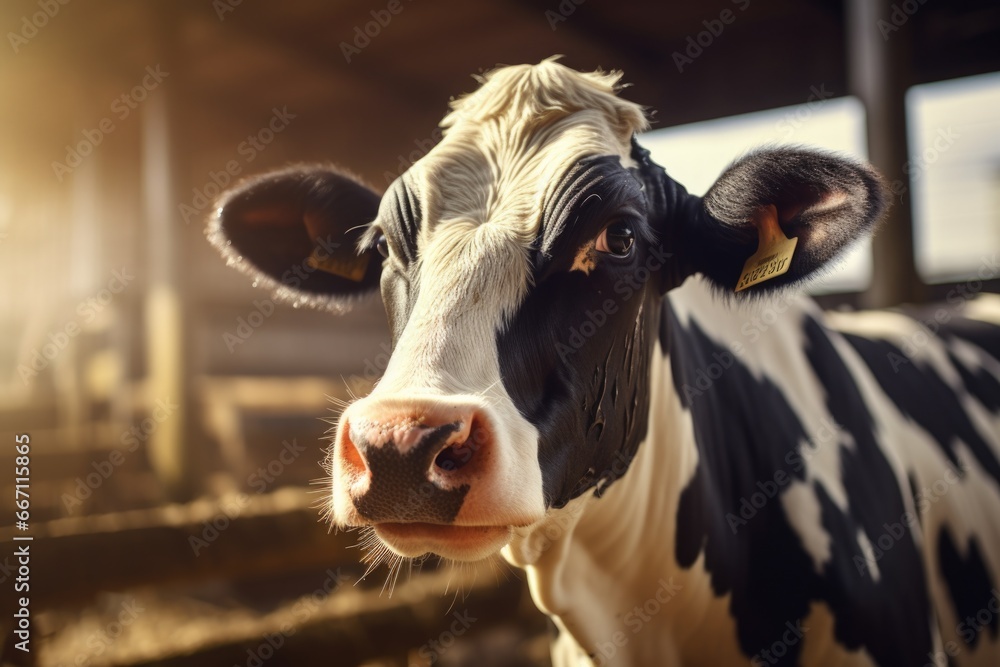 A detailed view of a cow in a barn. This image can be used to depict farm animals or agriculture-related concepts