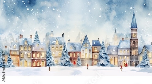 A Pretty and Snowy Square in a Cold day near Christmast with a few people admiring the view. in the Style of Cartoon and Water Painting