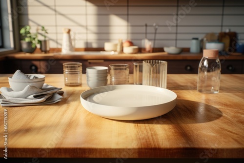 A wooden table with neatly arranged plates and glasses, perfect for a cozy dining experience. Ideal for use in restaurant promotions or home decor themes