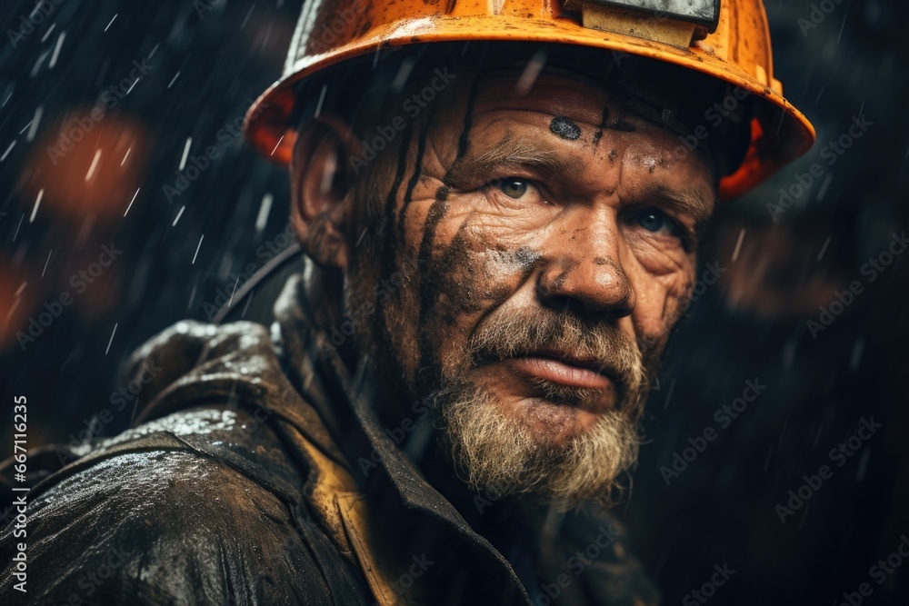 A man wearing a hard hat in the rain. This image can be used to depict a construction worker working in unfavorable weather conditions A man wearing a hard hat in the rain. This image can be used to depict a construction worker working in unfavorable weather conditions