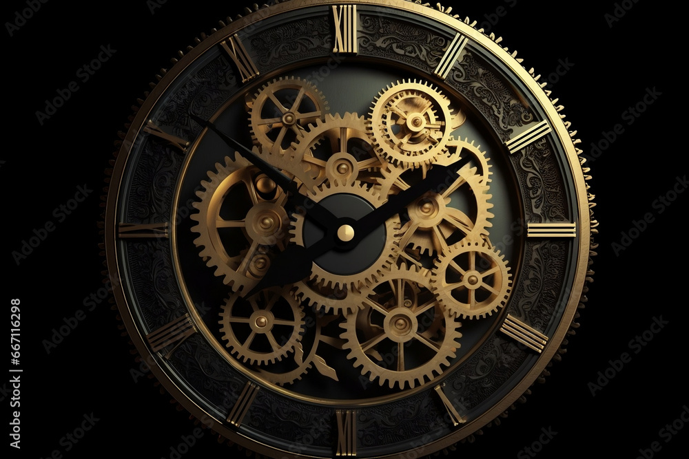 Golden black old clock close up at front view on dark background generative ai Golden black old clock close up at front view on dark background generative ai