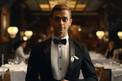 A well-dressed man in a tuxedo standing confidently in a restaurant. Perfect for showcasing elegance and sophistication in a dining setting