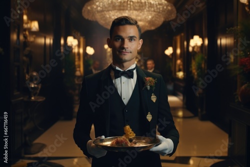 A man dressed in a tuxedo holding a plate of delicious food. Perfect for catering, fine dining, and special occasions photo