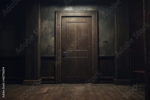 A picture of a dark room with a wooden door and a bench. This image can be used to depict mystery, isolation, or anticipation. It is suitable for various projects and themes