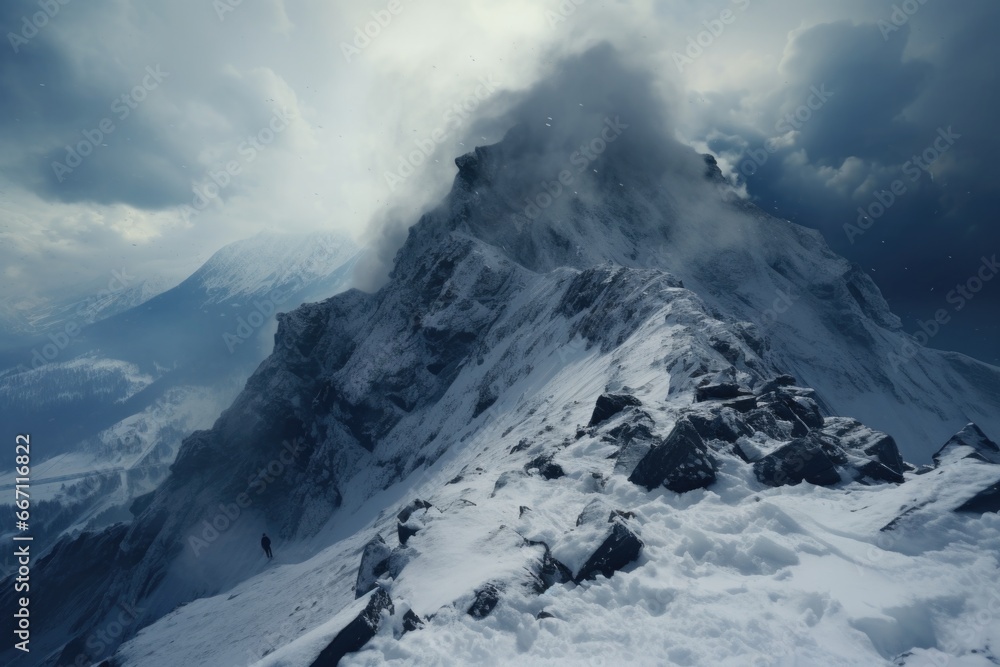 A picture of a mountain covered in snow under a cloudy sky. This image can be used to depict the beauty of nature, winter landscapes, or the serenity of mountainous regions