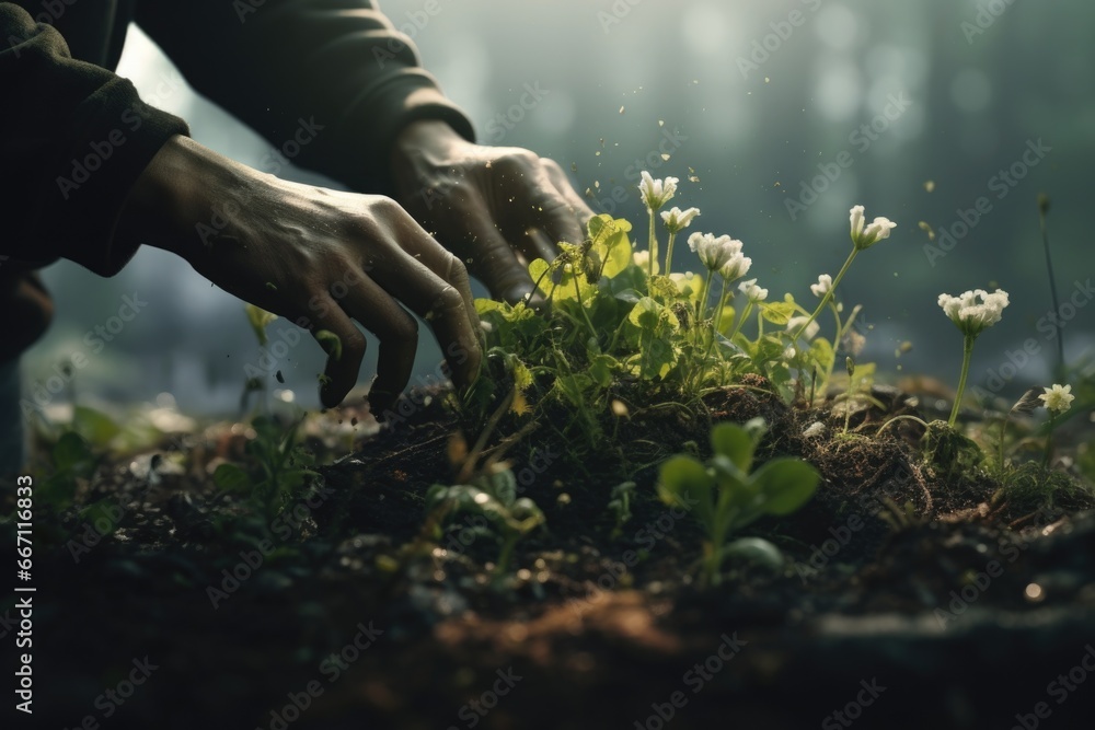 Fototapeta premium A person is planting a plant in the dirt. This image can be used to depict gardening, horticulture, or eco-friendly activities
