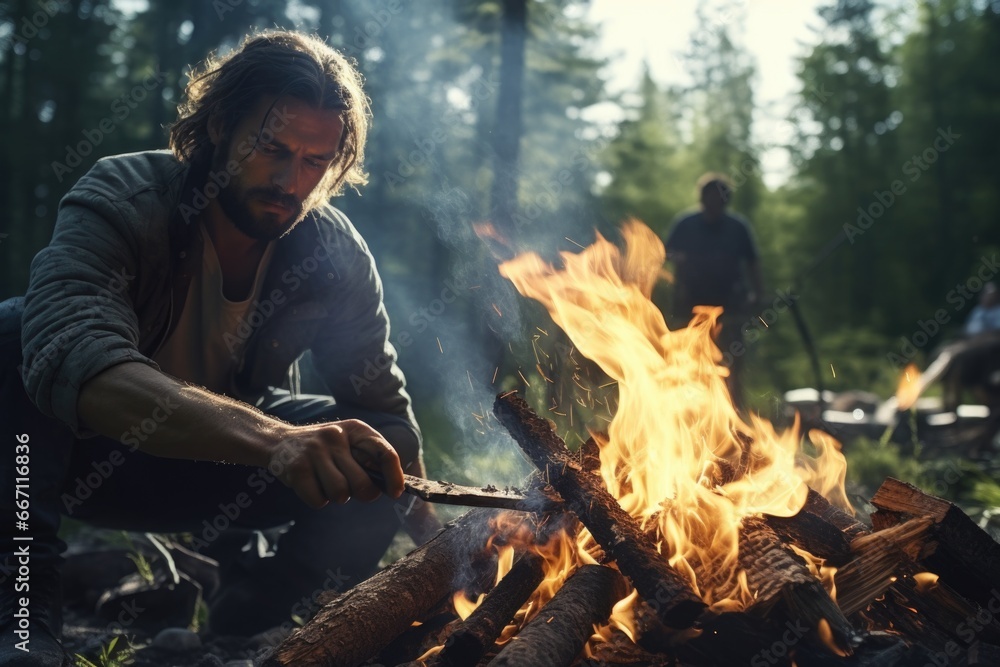 Fototapeta premium A man with long hair is cooking something over a campfire. This image can be used to depict outdoor cooking, camping, or wilderness survival