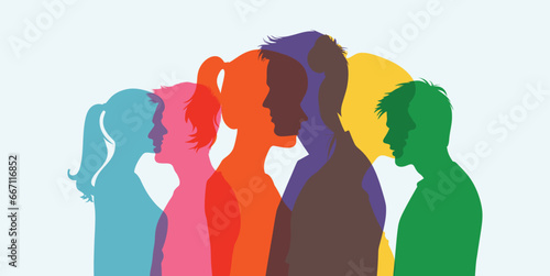 Silhouette profile group of men and women of diverse culture. Diversity multi-ethnic and multiracial people. Concept of racial equality and anti-racism. Multicultural society. Friendship