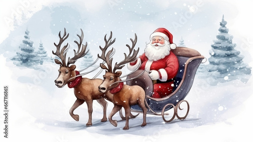 Santa Claus in sled with reindeer over winter forest, Christmas holiday concept. Generated AI © Oleksiy