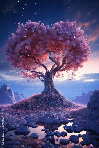 Heart Shaped Tree over a Mystical Forest. Moonlight in the Background creating Atmosphere. Tree of the Love.