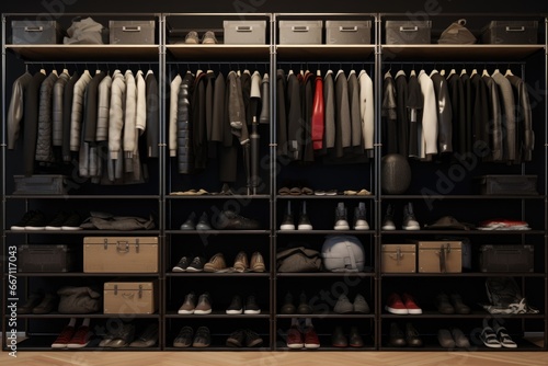 A closet filled with an abundance of clothes and shoes. Perfect for fashion-related projects or illustrating a large wardrobe.