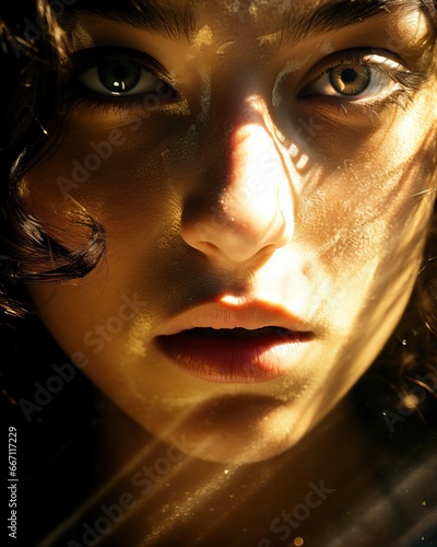 Beautiful Macro Photography of a Girl looking at the Camera. Intense Gaze. Amazing Sunlight over her Face.