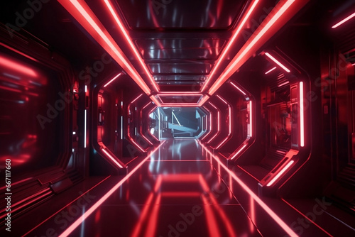 Futuristic spaceship corridor with glowing red neon lights generative ai