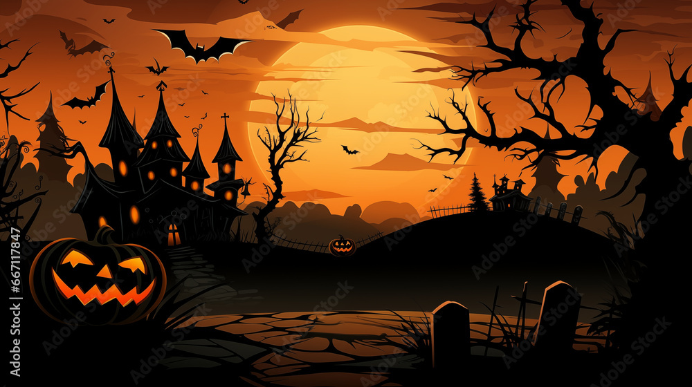Halloween background illustration, a scary night with a carved pumpkin, a golden glowing moon, a scary church, with the flying bats and trees, high-resolution, AI-generated, 5824x3264