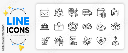 Food delivery, Plants watering and Handbag line icons set for app include Baggage calendar, Check investment, Hiring employees outline thin icon. Meditation eye, Report, Mail pictogram icon. Vector