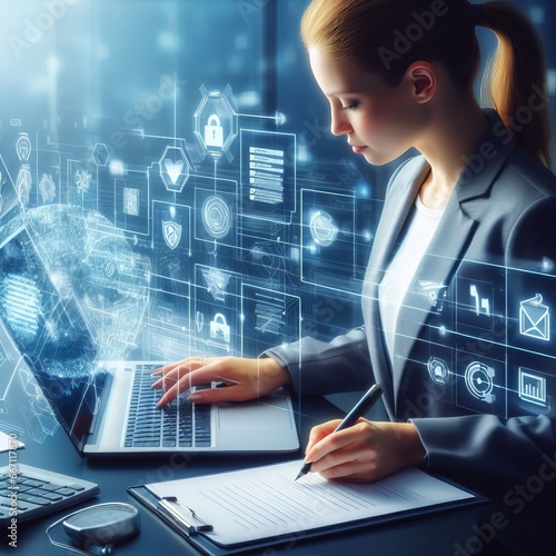 Professional women use laptops for managing documents and creating electronic checklists on virtual displays with highly secure online platforms.