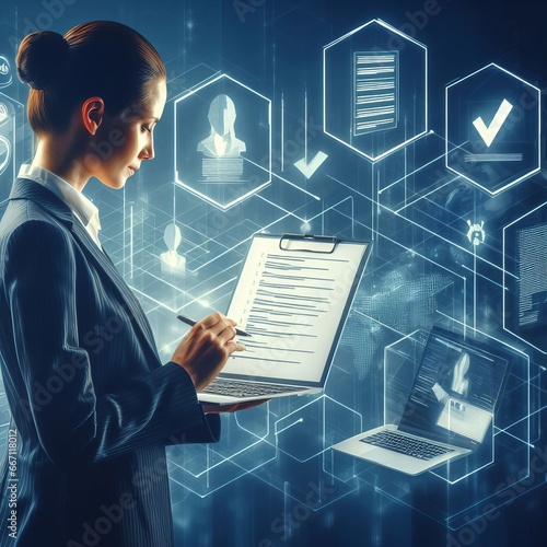 Businesswomen create electronic checklists on virtual displays with advanced internet technologies that provide excellent security and use laptops for document management.