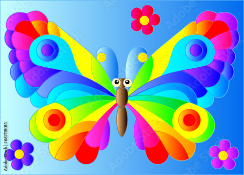 Illustration in stained glass style with a bright rainbow butterfly on a blue background, rectangular image © Zagory