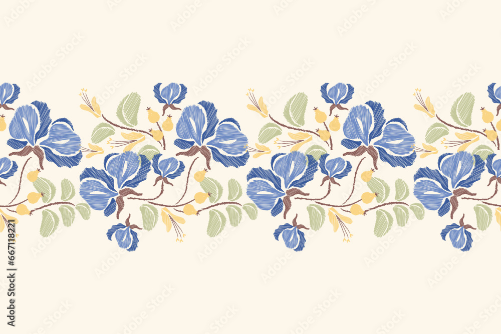 Floral Pattern embroidery ethnic floral seamless. Flower motifs paisley print template. Blue watercolour flowers ikat design hand drawn. Vector illustration. 