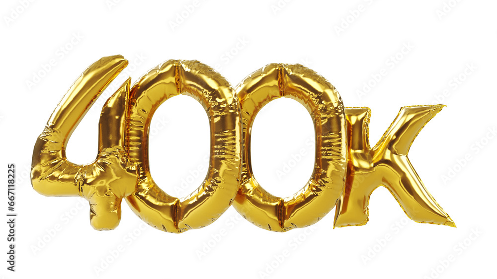3D render of Golden four hundred thousand or 400k number balloons isolated on white background. 400k followers celebration. 3D render of Golden four hundred thousand or 400k number balloons isolated on white background. 400k followers celebration.