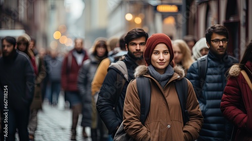 Gorgeous girl with people walking in the city center in winter